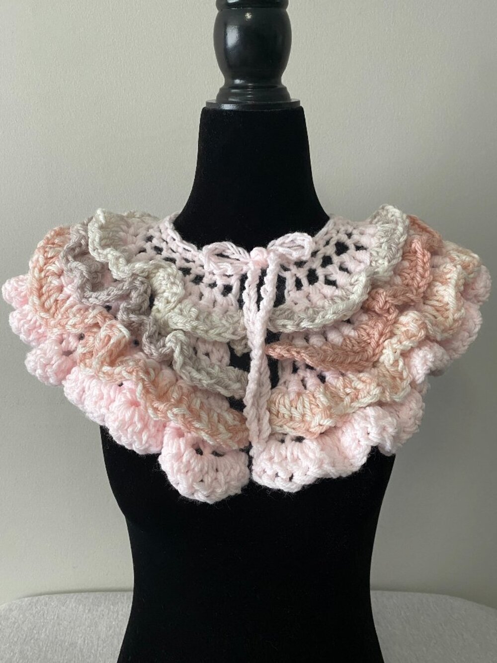 Handmade Crochet Light Pink Grey Cream Large Ruffle Collar Neckwear Accessory